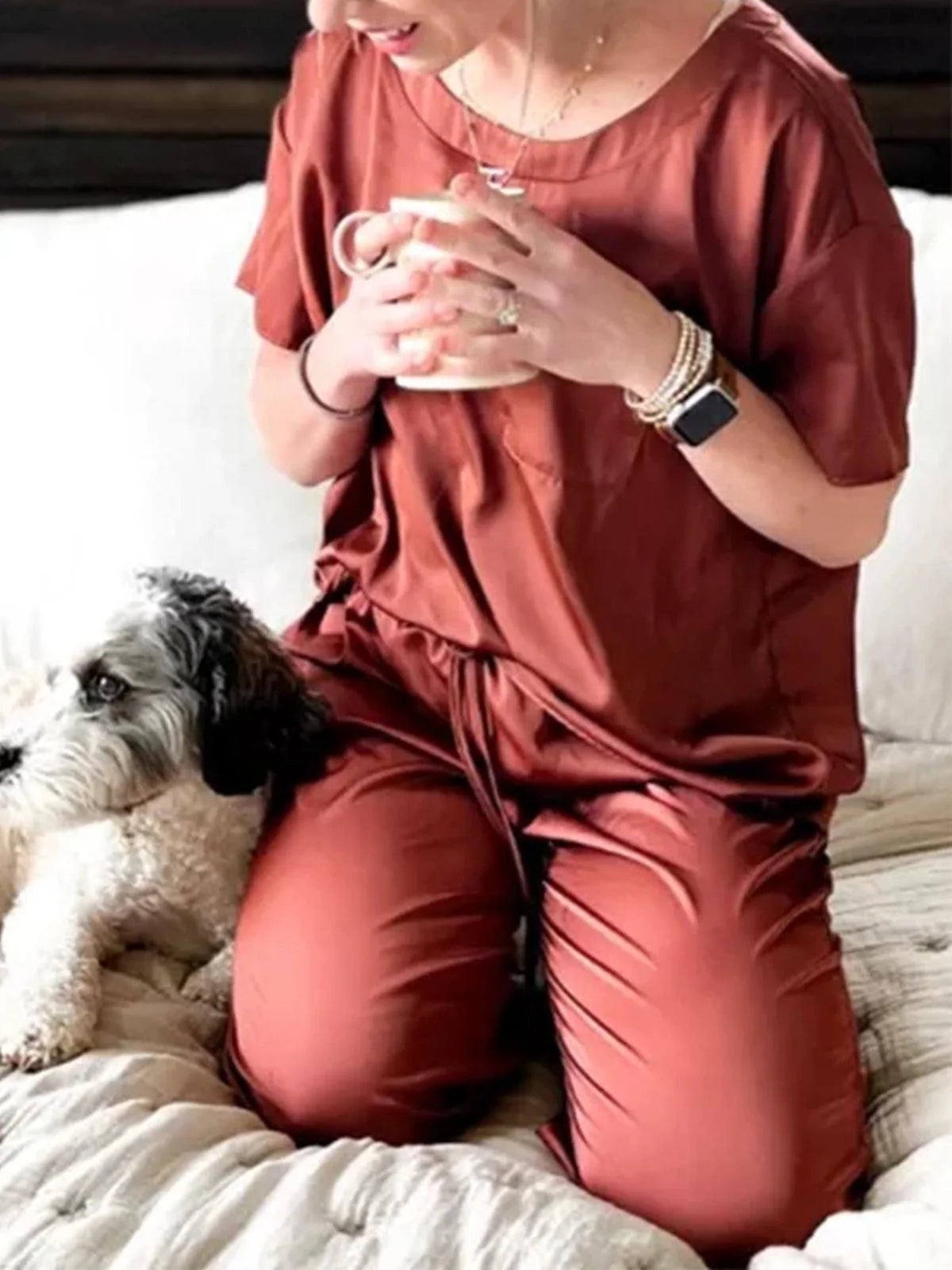 Womens Silk Satin Pajama Set Short Sleeve Shirt with Long Pajama Pant Set Two-Piece Pj Sets Soft Sleepwear Loungewear Nightwear Pjs S-XL, Dark Green, XXL