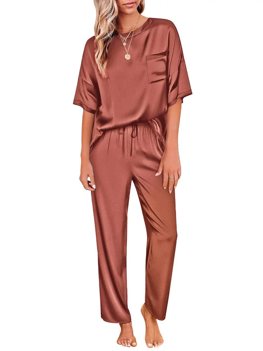 Womens Silk Satin Pajama Set Short Sleeve Shirt with Long Pajama Pant Set Two-Piece Pj Sets Soft Sleepwear Loungewear Nightwear Pjs S-XL, Dark Green, XXL
